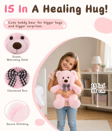 Image of MaoGoLan 15 Inches Small Teddy Bear, Pink Plush Gift for Kids and Adults