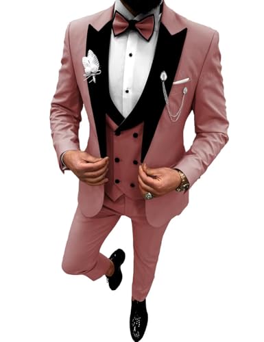 Wangyue Double Breasted Mens Tuxedo Suit Set 3 Piece Wedding Tuxedos for Men Slim Fit Prom Suits Groom Tux with Bow Tie