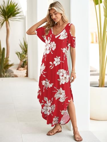 Image of BELAROI Womens Cold Shoulder Maxi Dress Plus Size V Neck Summer Sundresses with Pockets Beach Coverup Vacation Outfits