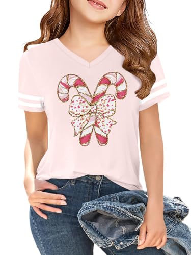 Kids Christmas V Neck Shirts for Girls Boys Christmas Tree Short Sleeves Xmas Vacation Tee Tops 5-14Y Lightpink