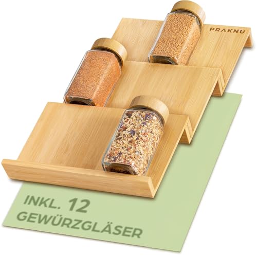 Praknu Gewürzregal mit Gläsern - Gewürzregal aus FSC® Holz - 12er-Set Gewürzgläser eckig mit Bambusdeckel - Inkl. Streueinsatz & Etiketten - Küchen Organizer Aufbewahrung