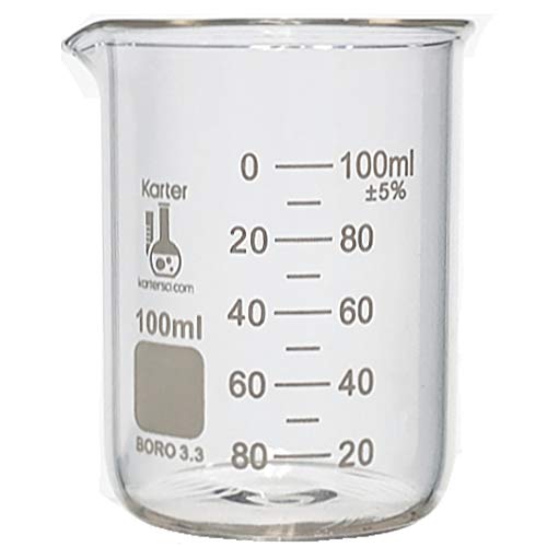 100ml Beaker, Low Form Griffin, Borosilicate 3.3 Glass, Spout & Printed Graduations, Karter Scientific 247F5 (Pack 24)