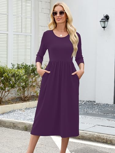 Image of Heymoments Women's Casual 3 /4 Sleeve Midi Dress Crewneck A Line Tiered Flowy Loose Travel Long Dresses with Pockets