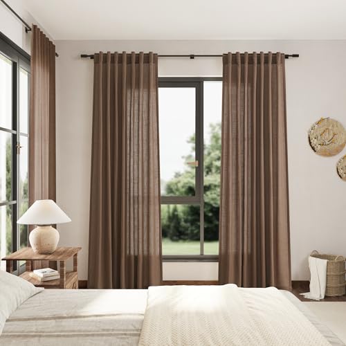 Image of Caramel Brown Linen Curtains 84 Inches Long for Bedroom Back Tab Light Filtering Privacy Semi Sheer Curtains Modern Farmhouse Decor Cotton Textured Curtain for Living Room 2 Panels Set 52x84 Inch