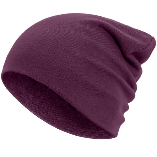 100% Cotton Thin Beanie Hat for Men Women - Lightweight Breathable Knit Slouchy Beanie Cuffed Chemo Skull Cap Purple