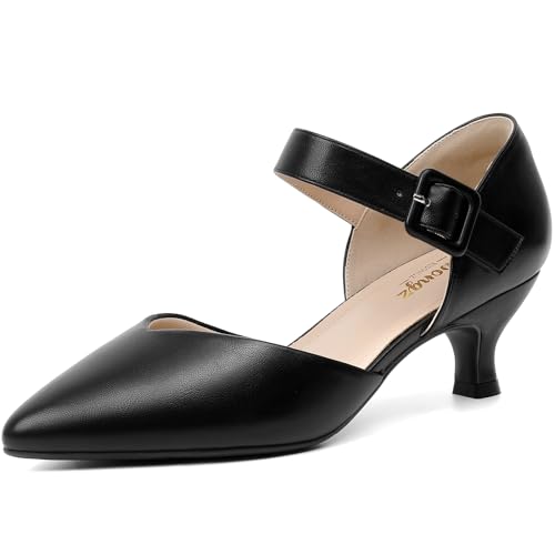 RIBONGZ Black Kitten Heels Suede Prom Low Heels for Women Closed Pointed Toe Slip on Ankle Strap...