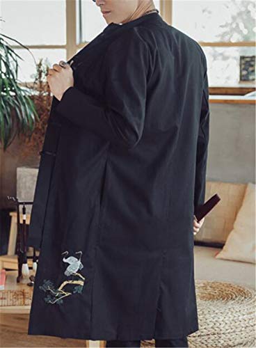 Image of HZCX FASHION Men's Vintage Cotton Linen Stand Collar Frog-Button Trench Coats