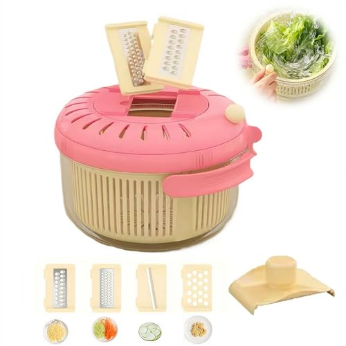 Cortador de mandolina, picador de verduras con cesta de drenaje y colador, tazón para mezclar alimentos con cesta de drenaje para enjuagar arroz, preparación de ensaladas y cocinar (rosa, 1 juego)