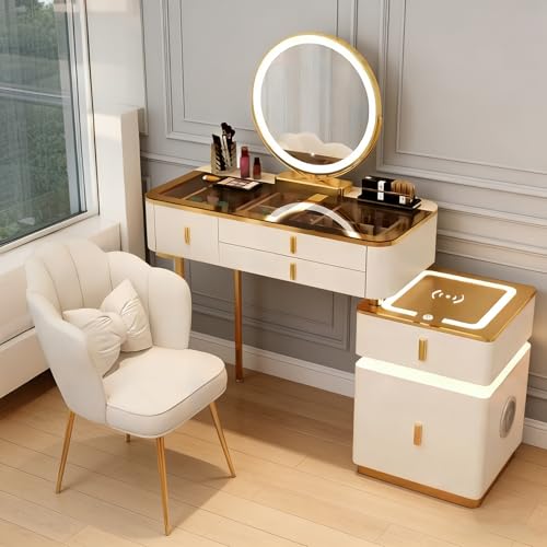 Generisch Ensemble de coiffeuse avec lumières LED, table de dressing avec 5 tiroirs, station de charge sans fil et haut-parleur Bluetooth, chaise pour chambre à coucher, fille, femme (blanc/doré, 100