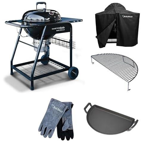 SnS Grills Platinum Grill Bundle - MasterKettle Charcoal Grill, Master Kettle Cover, Elevated Cooking Grate, Cast Iron Drip 'N Griddle Pan and High Heat BBQ Gloves - Kettle Charcoal Grill Gift Cover