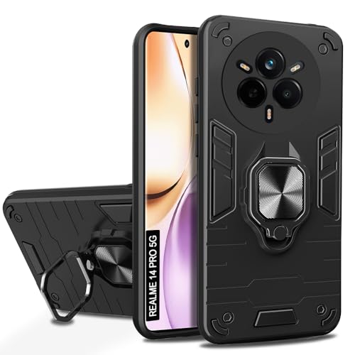 Image of AESTMO Realme 14 Pro 5G Back Case Cover | Tough Armor Bumper | Ring Holder & Kickstand in-Built | 360 Degree Protection Cover for Realme 14 Pro 5G (Black)