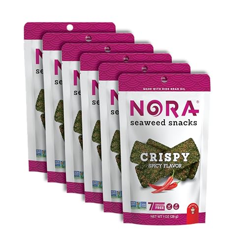 Crispy Spicy Seaweed Snacks by Nora, Thick Nori Sheets Snack Strips, Low-Carb Healthy Snacks for Adults, Asian Snacks, Vegan, Gluten-Free, Non-GMO, 6-Pack