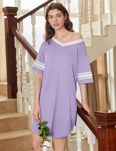 Image of Ekouaer Nightgowns for Women 2 Pack Sleepshirts Short Sleeve Nightshirt V Neck Sleepwear Casual Pajama Dress