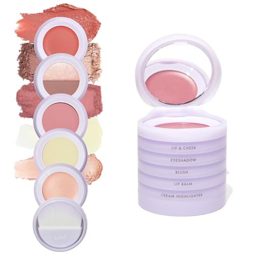 Subtl Staks 5-in-1 Travel Makeup kit by subtl beauty - eyeshadow duo, powder blush, cream highlighter, lip and cheek, lip balm - free travel mirror and brush - stackable makeup for travel