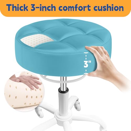 Image of Rolling Stool Heavy Duty 400lb: Super Soft Seat Cushion,360 Swive,Height Adjustability,No Squeaky Noises,No Tip Over,New Upgraded stool Salon Stool Chair, Tattoo Facial Massage Spa Medical(Cyan)