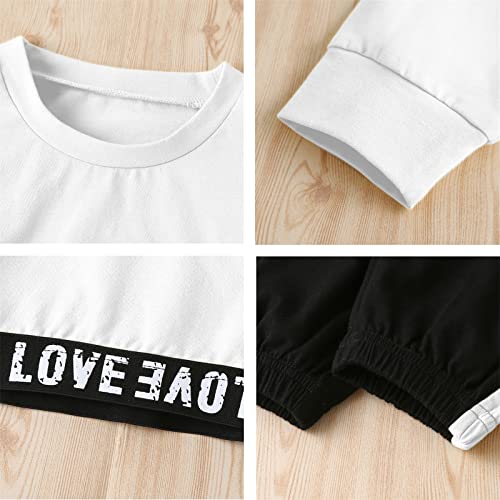 Image of Betusline Girls Clothing Sets, 2 Pieces Pullover Crop Sweatshirt + Running Pants Cropped Sweatsuit Tennis Clothes Set, Butterfly White Black, 9-10 Years
