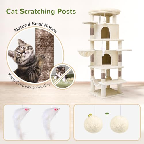 Image of Globlazer Corner Cat Tree for Large Cats, 66inch Tall Curved Series Large Cat Tower for Multiple Indoor Cats with 6 Scratching Posts, 2 Spacious Cat Condos, Hammock, Hanging Basket, C66, Beige