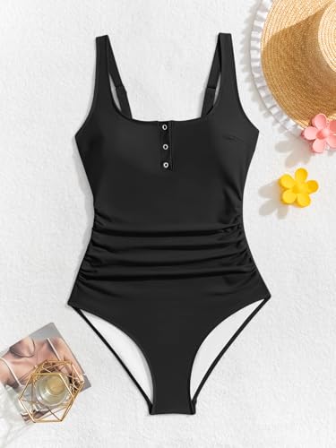Image of B2prity One Piece Swimsuit for Women Tummy Control Ruched Slimming Bathing Suit Button Full Coverage Swimwear