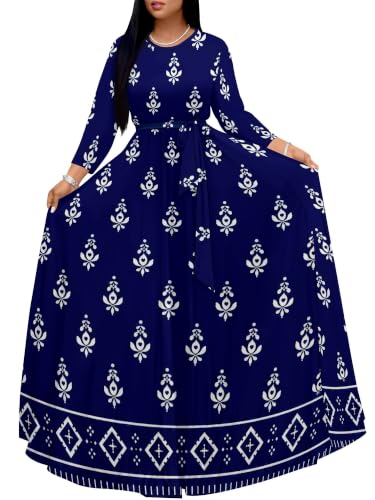 Image of Women Plus Size Long Sleeve V Neck Maxi Dress with Belt | Soft fabric relaxed fit three quarter sleeve v neck with pockets for party and daily wear