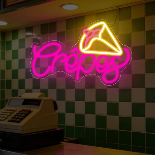 Image of French Crepes Neon Sign, LED Neon Sign Wall Decor for Dessert Cafe Bakery Kitchen, Food Neon Signs for Wall Decor Gift for Crepe Lovers 16.7 inch x 10.8 inch