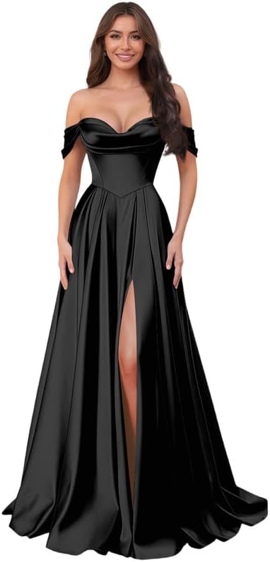 Off Shoulder Bridesmaid Dresses with Slit Satin Ball Gown Pleated Formal Dress Evening Gown