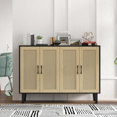 Panana Buffet Storage Cabinet with Rattan Design - Living Room Wood Kitchen Sideboard Accent Piece (123(W) x 38(D) x 88(H) cm, Black) - Image 2