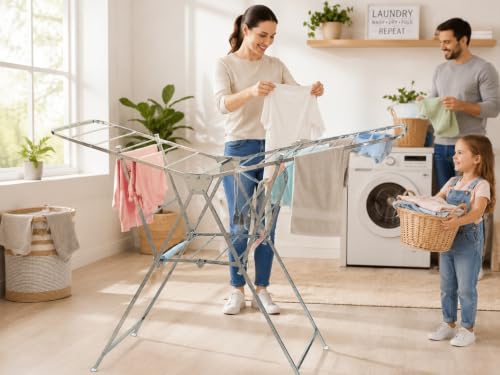 Image of KITCHIVO Heavy Duty Stainless Steel Clothes Drying Stand, Foldable Laundry Rack with Extendable Side Wings for Indoor and Outdoor Drying (Wigas SteelDry)