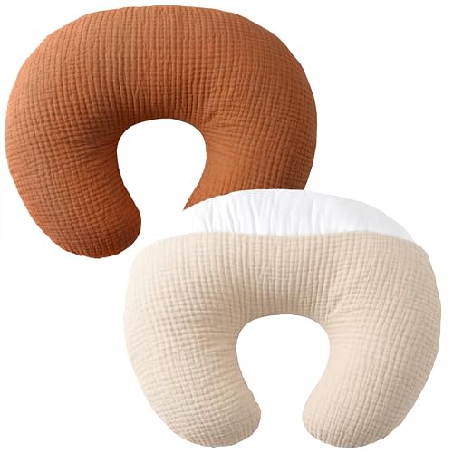 Image of Pro Goleem Muslin Nursing Pillow Cover, 100% Cotton Soft Breathable Feeding Pillow Slipcover for Breastfeeding Moms, Fits Standard Infant Nursing Pillow, for Boys and Girls, 2 Pack (Brown＆Beige)