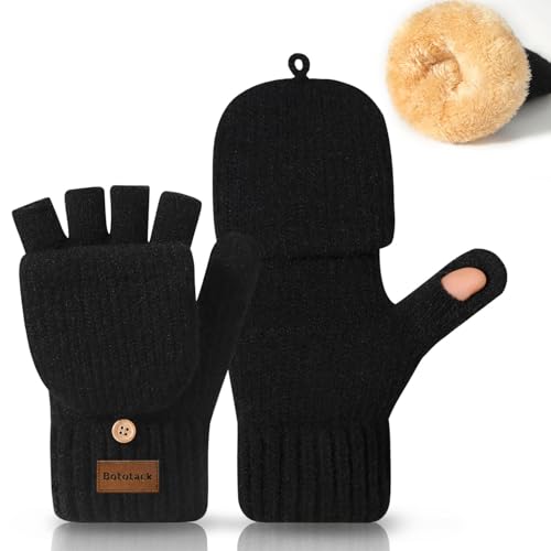 Bototack Winter Fingerless Gloves Warm Thermal Knitted Convertible Mittens Flap Cover for Women Men Typing Driving Working (Black)