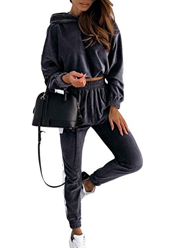 VamJump Women 2 Piece Outfits Drop Shoulder Velvet Hoodie Pullover Casual Sweatpants with Pockets,Dark Gray,M