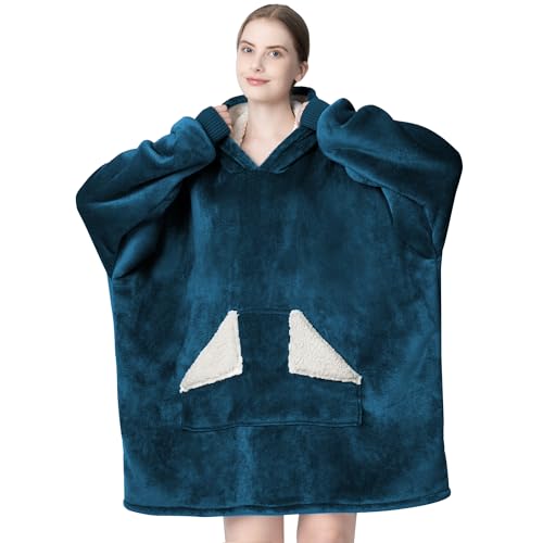 Touchat Wearable Blanket Hoodie, Oversized Sherpa Blanket Sweatshirt with Hood Pocket and Sleeves, Gifts Hooded Blanket for Adult Women Men (Dusty Blue)