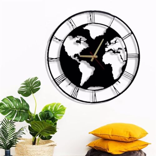 Image of World Map Wall Clock for Living Room, Modern Black & Gold Decorative Clock, Large Round Bedroom, Office Home Decor Hall, Decoration Stylish Office, Hall Contemporary Elegant