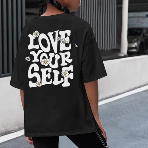 Image of Cute Shirts for Girls Graphic Tees Tweens Tshirts for Kids Girls Short Sleeve Shirt Preppy Summer Tops Clothes(Black,130)