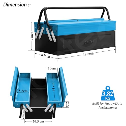 Image of Plantex 18 Inch Metal Tool Box /Empty Tool Kit Box With Large Capacity & Strong Handle /3 Layer Compartment Tools Box for Home Use /Tool Organizer for Essential Tools - (Blue & Black)