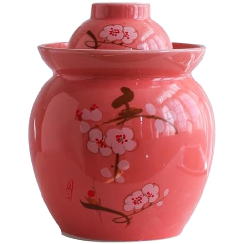 Thickened Ceramic Kimchi Jar, Water Seal Fermentation Tank, Chinese Plum Blossom Pattern Storage Container, Pickled Cucumbers, Sauerkraut(3.5kg/123.4oz)