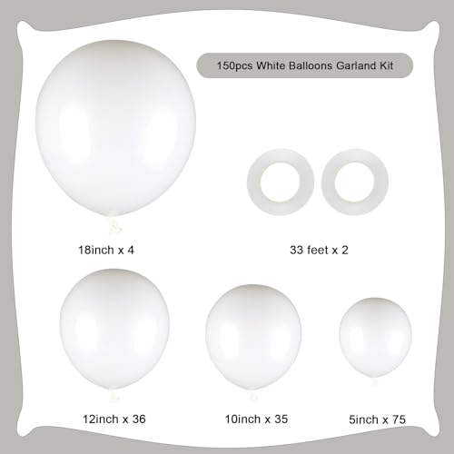 Image of 150pcs White Balloons Different Sizes Pack, 18 12 10 5 Inch Party Balloon Garland Arch Kit Birthday Baby Shower Anniversary Wedding Party Decorations(With 2 Ribbons)