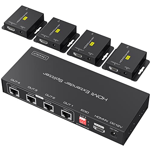 VPFET HDMI Extender Splitter sobre Cat5e 6 165ft 1 In 4 Out de Transmisión Balun Ethernet Soporta 1080p HDCP EDID POC Una fuente de alimentación para trabajar con