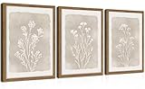 Framed Boho Botanical Flower Wall Art Set of 3, Vintage Minimalist Neutral Floral Wall Decor Paintings, Rustic Farmhouse Wildflower Artwork Prints Picture for Living Room Bedroom Bathroom 12x16 Inch