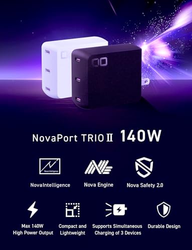 Image of 140W USB-C Charger Block, Compact USB-C 3-Port GaN Charger High Wattage PD 3.1 Fast Charging Adapter for MacBook Pro, Windows Laptop, iPhone 15 /16, Android, Tablet, NovaPort Trio II 140W (Black)
