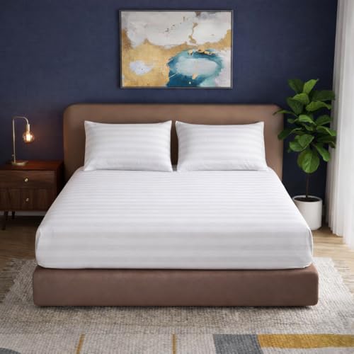 Image of 500TC 100% Egyptian Cotton Queen Size Fitted Bedsheet (60 x 78 inch) | All-Round Elastic | Fits Upto 12 inch Mattress | Pillowcover Not Included | White Striped Bedsheet Set