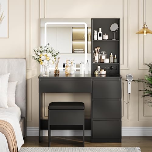 GarveeHome Vanity Desk with Mirror and Lights - Modern Makeup Dressing Table with Outlets, Storage Stool, 4 Drawers & Hair Dryer Holder - 3 Colors LED Vanity Mirror, Vanities for Bedroom, Black