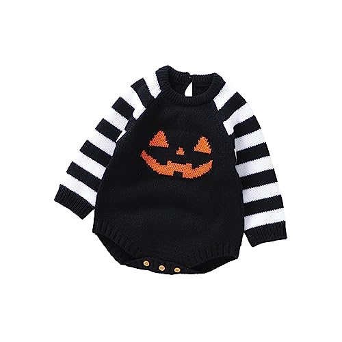 Image of Doisbetthsay Baby Boy Girl Halloween Clothes Newborn Sweater Romper Pumpkin Ghost Knitted Romper Suspender Jumpsuit Outfits (Halloween Overall,0-3 Months)