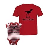 Mashed Clothing Big Brother & Little Brother Dinosaur T-Rex T-Shirt & Striped Bodysuit Set (6M Striped Bodysuit, Toddler 4T, Red)