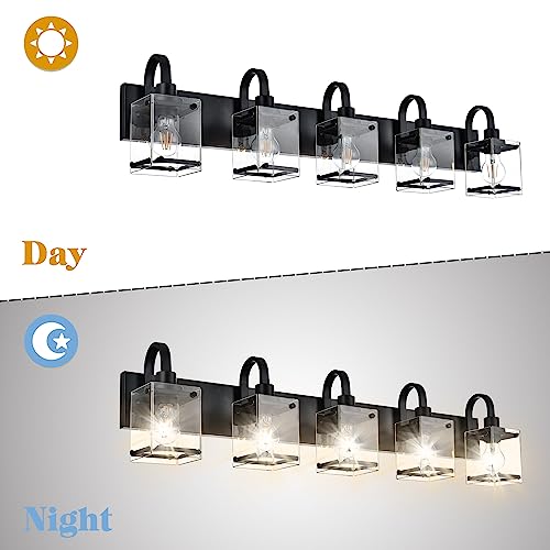 Image of 5 Light Vanity Light Bathroom Lighting Fixtures,Black Cage Vintage Wall Sconces Lighting,40.2 Inch Bath Wall Mounted Lights with Clear Glass Shade Bathroom Vanity Light for Living Room