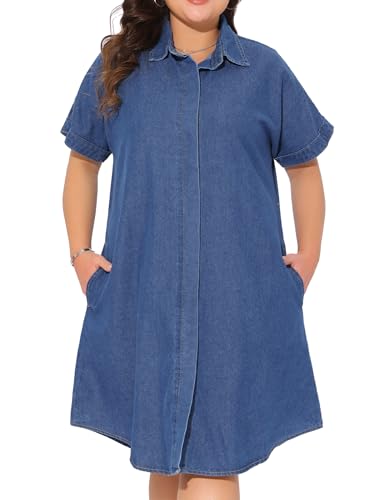 Agnes Orinda Plus Size Denim Dress for Women Short Sleeve Button Down with Pockets Midi Jean Denim Shirt Dresses