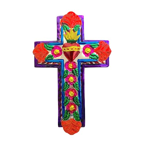 Casa Fiesta Designs Embossed Tin Cross - Mexican Folk Art Wall Decor - Handmade in Mexico - Milagros Charm - Sacred Heart Ornament - Mexican Art - 11