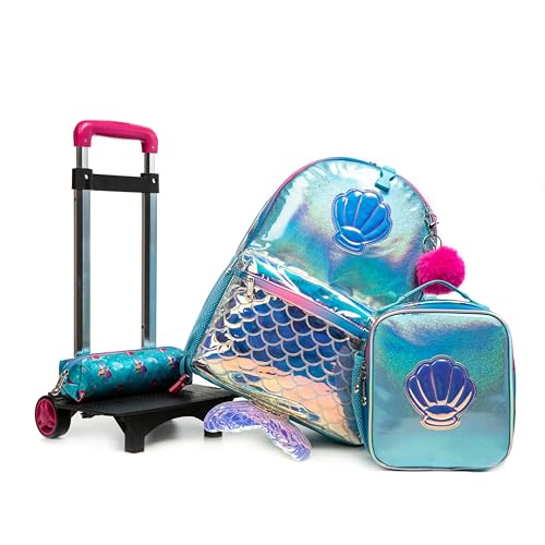 Mochilas de Rodinhas Infantis CUTBLAJAT - Conjunto de 3 peças com lancheira e estojo - Estilo cauda de sereia azul com estampa de conchas