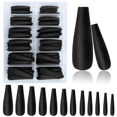 AddFavor XXL Extra Long Press on Nails Coffin Matte Fake Nails Full Cover Acrylic Nails 12 Sizes 120pcs Black Nail Tips for Women Fingernails Manicure Design