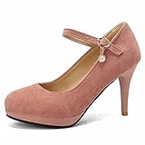 Obermaterial: Künstliches PU Damen Wildleder Knöchelriemen High Heels Plateau Stilettos Pumps Runde Zehe Mary Janes Schuhe Kleid Komfort Pumps Schuhe,Rosa,36
