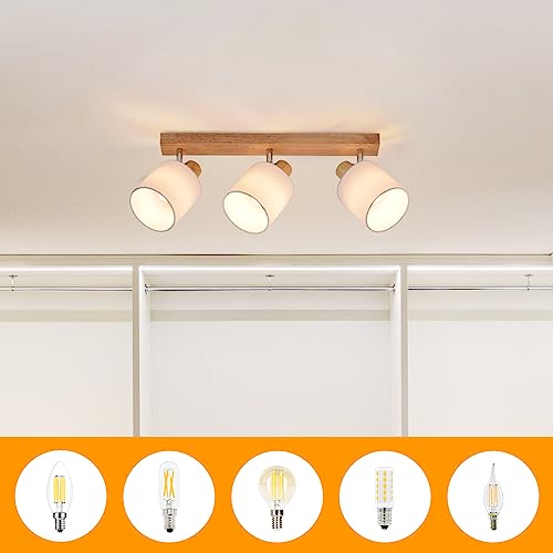 Glitzerlife Deckenlampe 3 Flammig Deckenstrahler Holz - LED Deckenleuchte Vintage Deckenspot E14 Boho Lampe Schwenkbar 350° Spot Retro für Schlafzimmer Küche Flur MAX.25W (ohne Leuchtmittel)